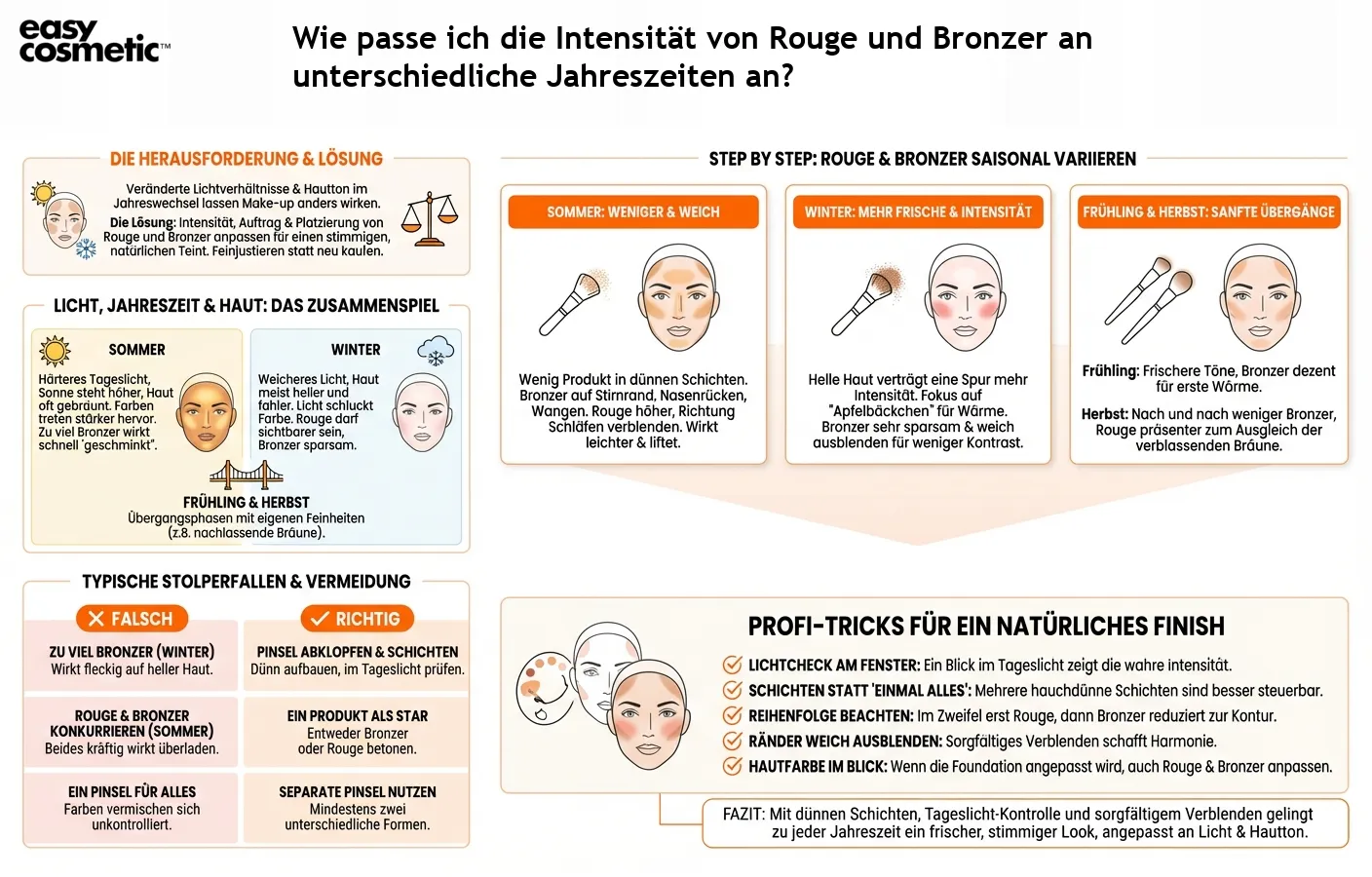Wie passe ich die Intensität von Rouge und Bronzer an unterschiedliche Jahreszeiten an?