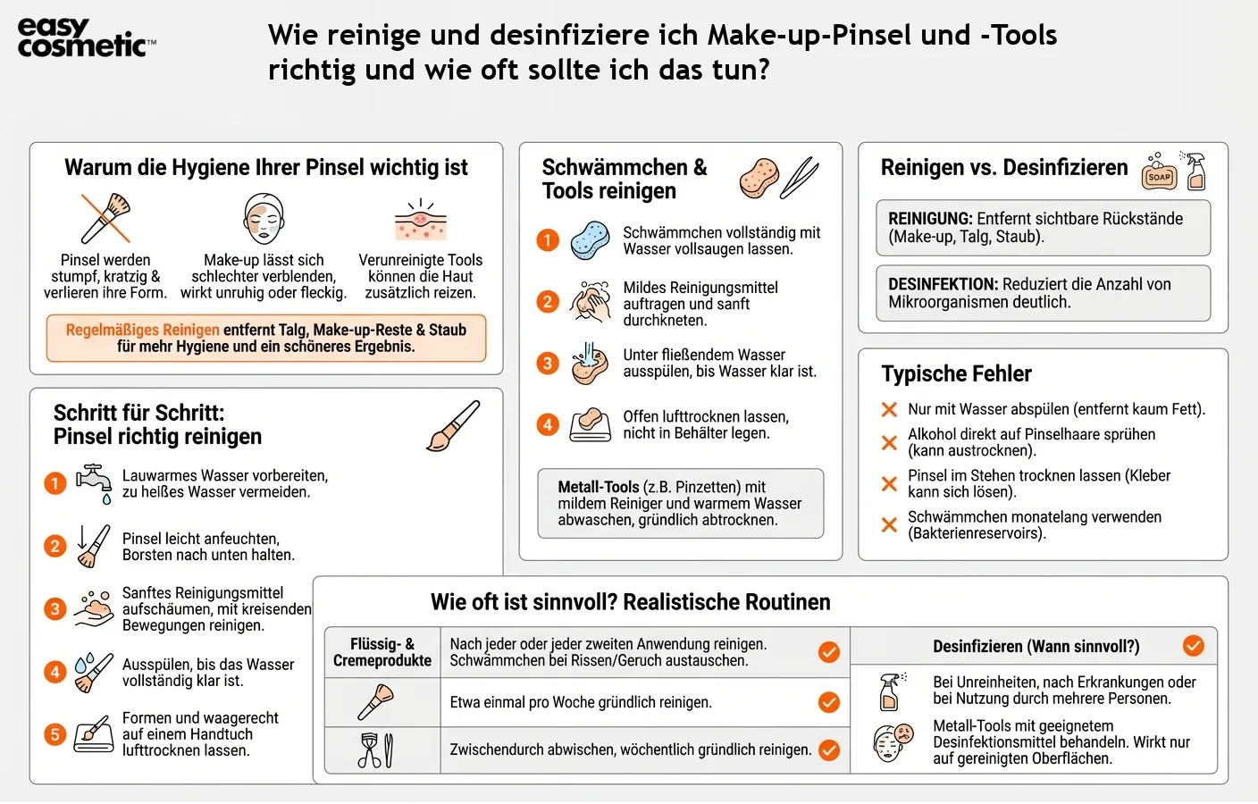 Wie reinige und desinfiziere ich Make-up-Pinsel und -Tools richtig und wie oft sollte ich das tun?