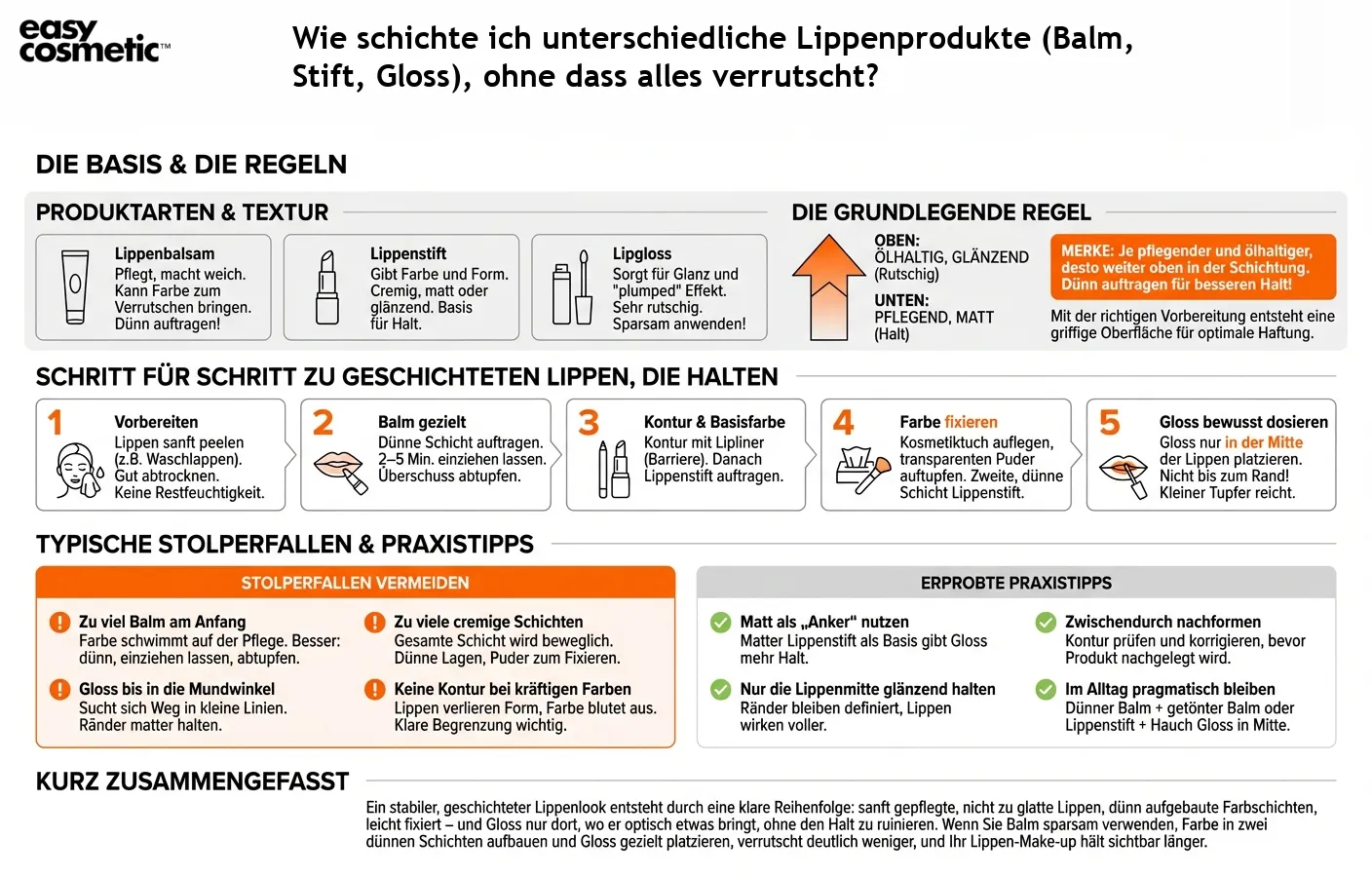 Wie schichte ich unterschiedliche Lippenprodukte (Balm, Stift, Gloss), ohne dass alles verrutscht?