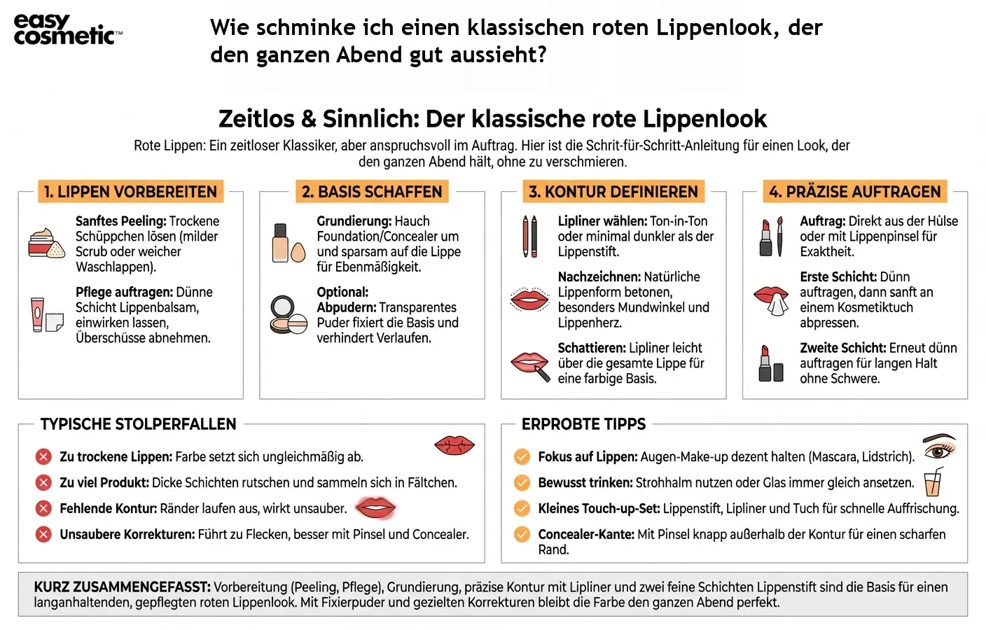 Wie schminke ich einen klassischen roten Lippenlook, der den ganzen Abend gut aussieht?