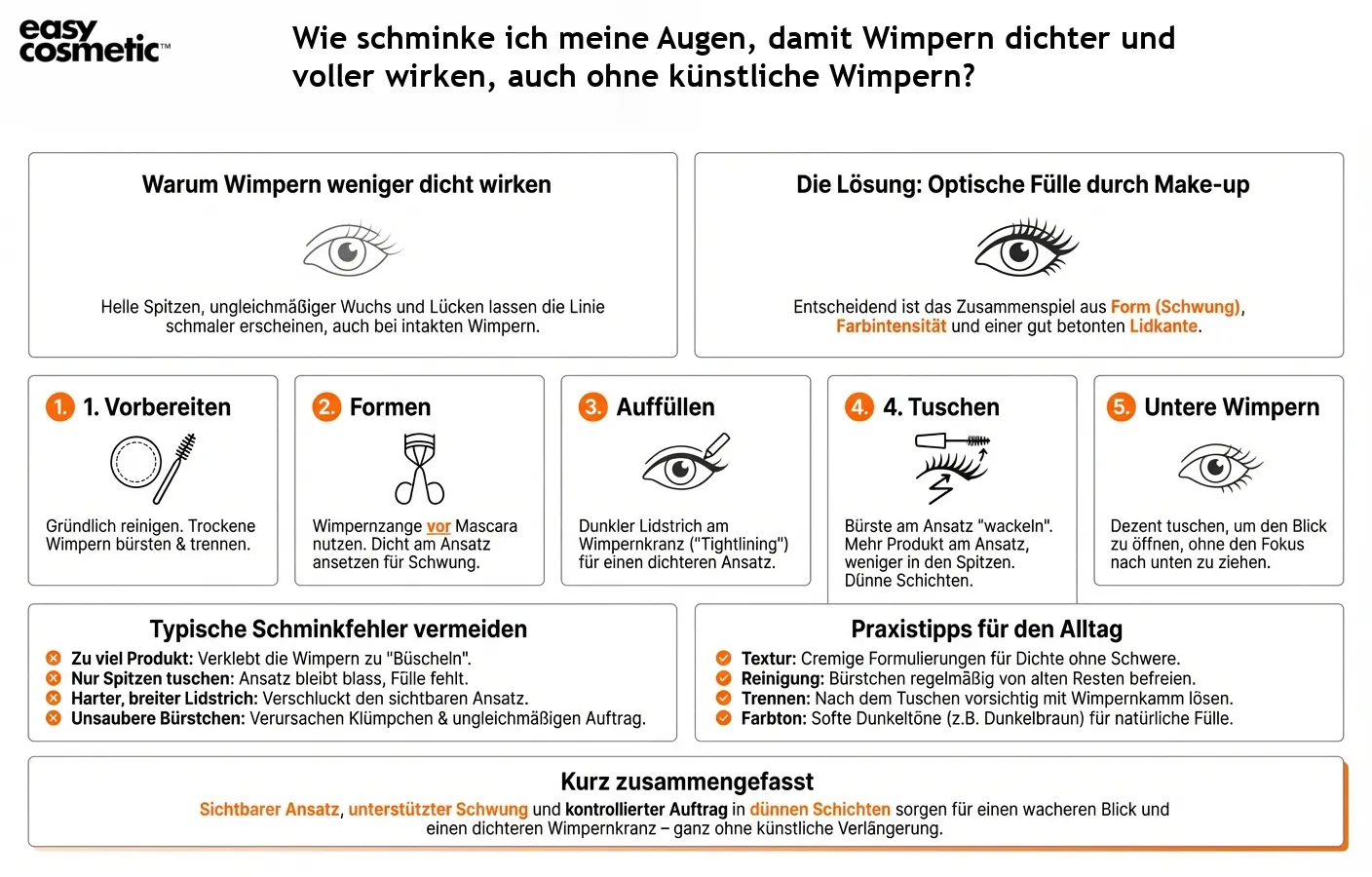 Wie schminke ich meine Augen, damit Wimpern dichter und voller wirken, auch ohne künstliche Wimpern?