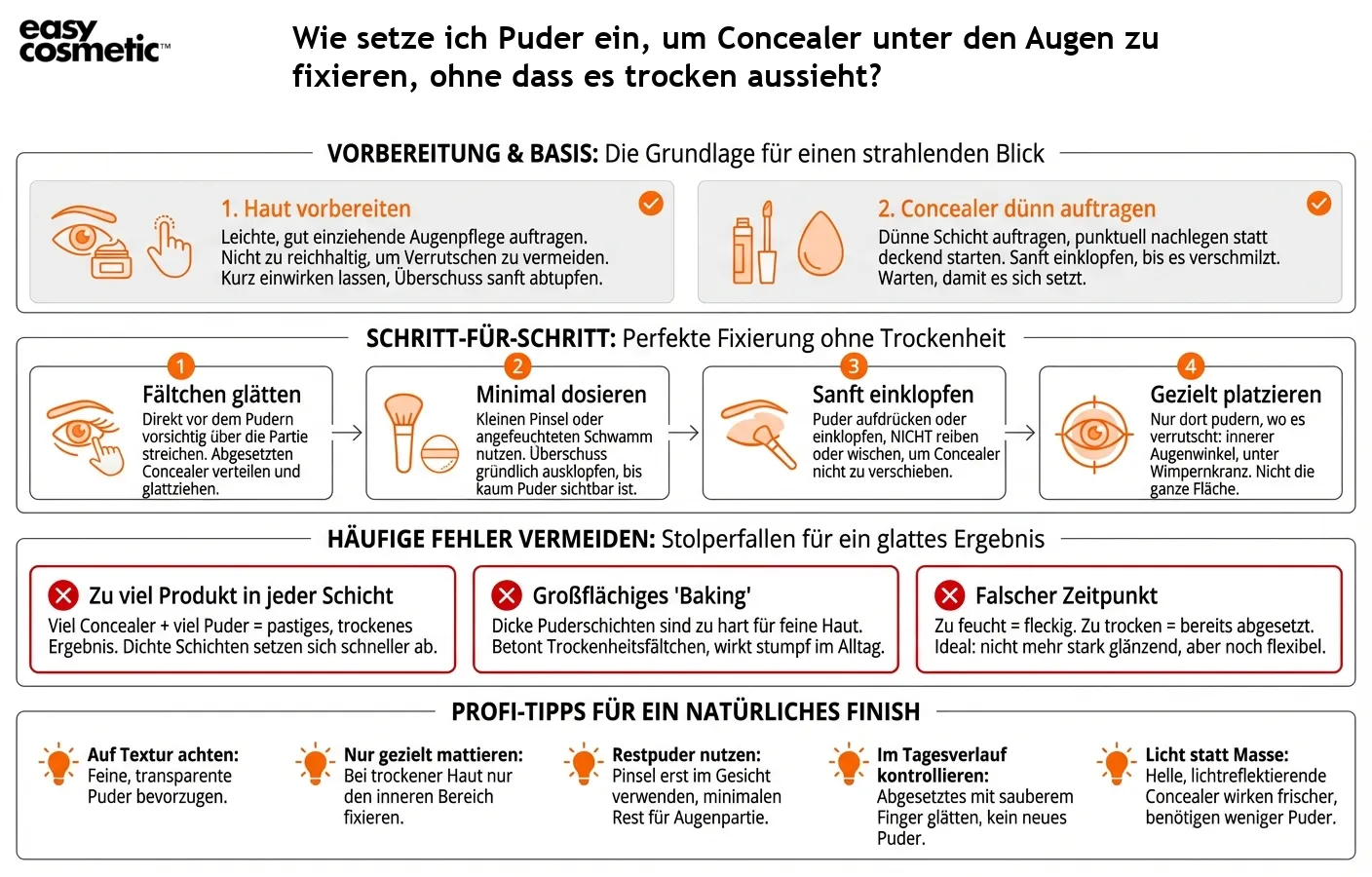 Wie setze ich Puder ein, um Concealer unter den Augen zu fixieren, ohne dass es trocken aussieht?