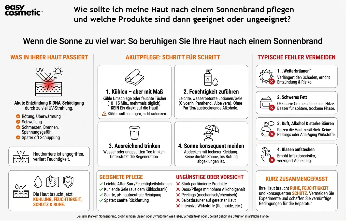 Wie sollte ich meine Haut nach einem Sonnenbrand pflegen und welche Produkte sind dann geeignet oder ungeeignet?