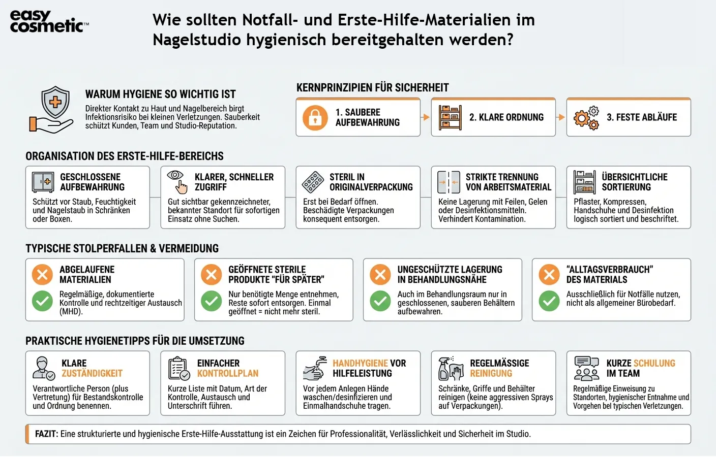 Wie sollten Notfall- und Erste-Hilfe-Materialien im Nagelstudio hygienisch bereitgehalten werden?