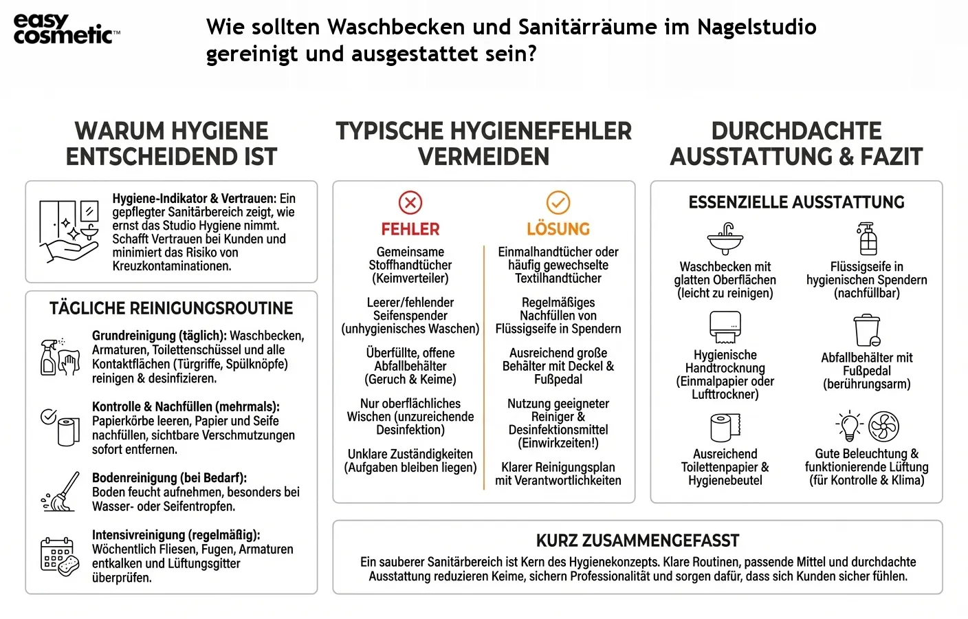 Wie sollten Waschbecken und Sanitärräume im Nagelstudio gereinigt und ausgestattet sein?