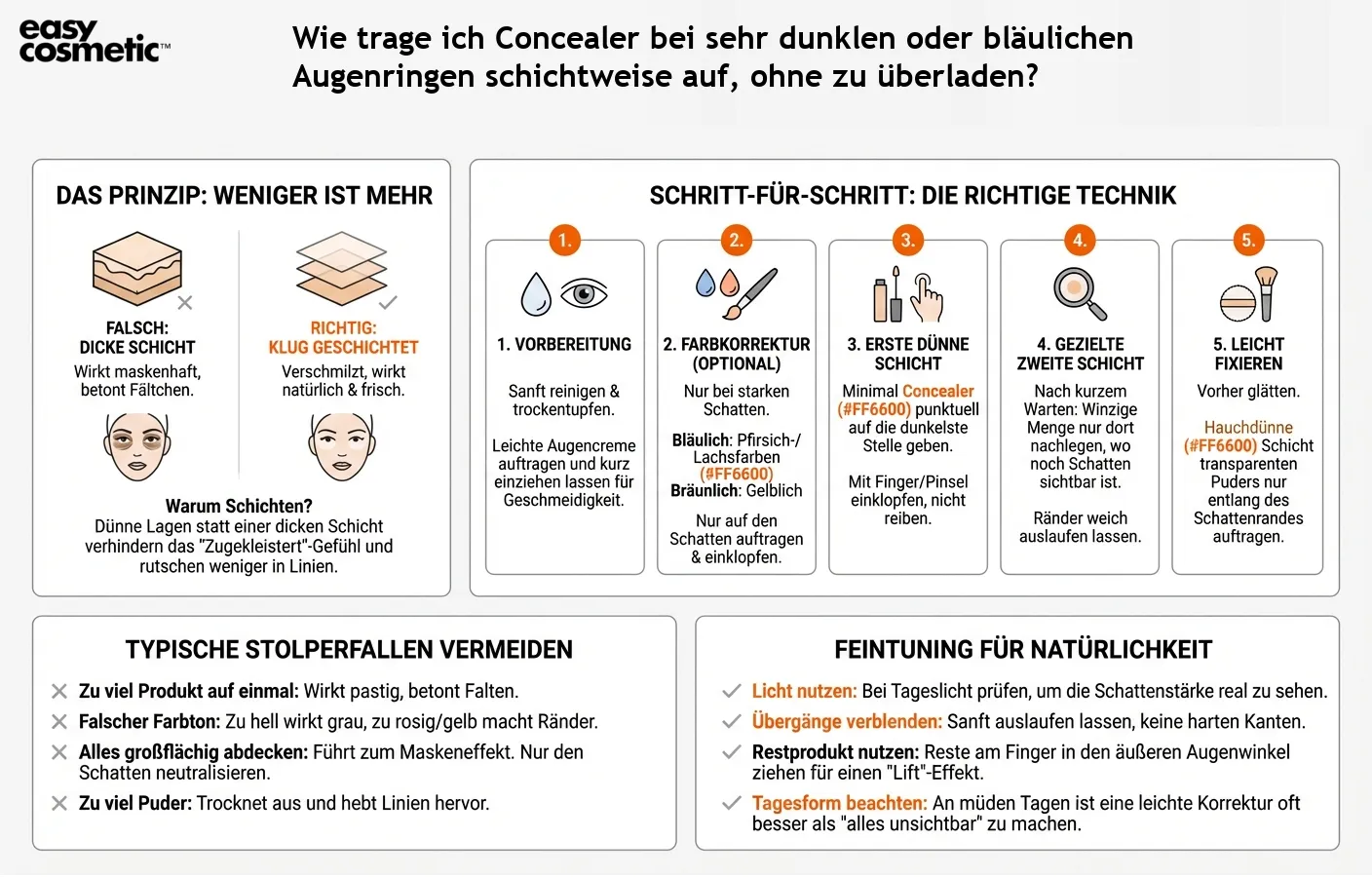 Wie trage ich Concealer bei sehr dunklen oder bläulichen Augenringen schichtweise auf, ohne zu überladen?