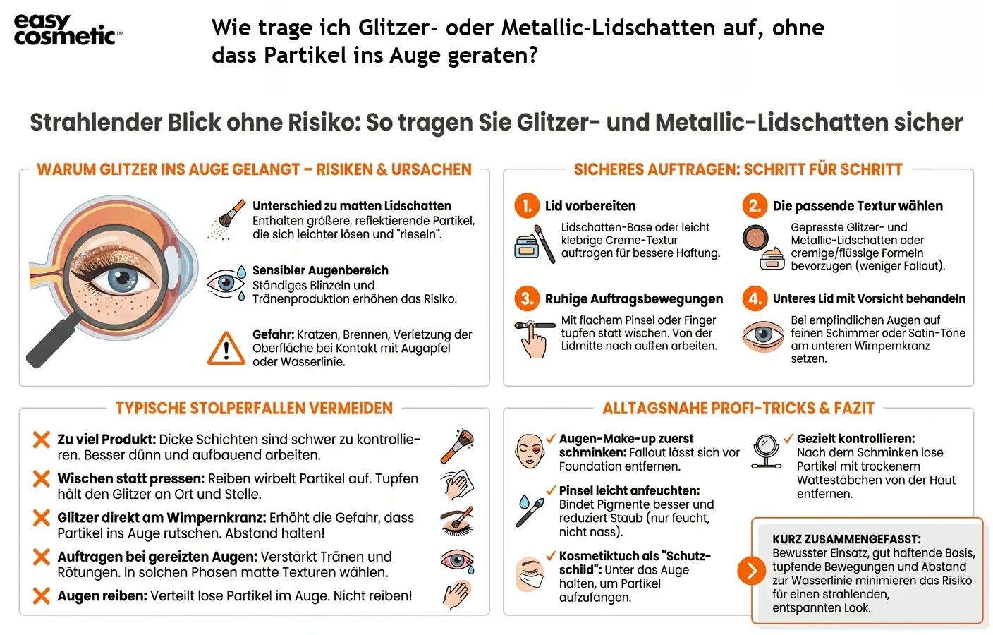 Wie trage ich Glitzer- oder Metallic-Lidschatten auf, ohne dass Partikel ins Auge geraten?