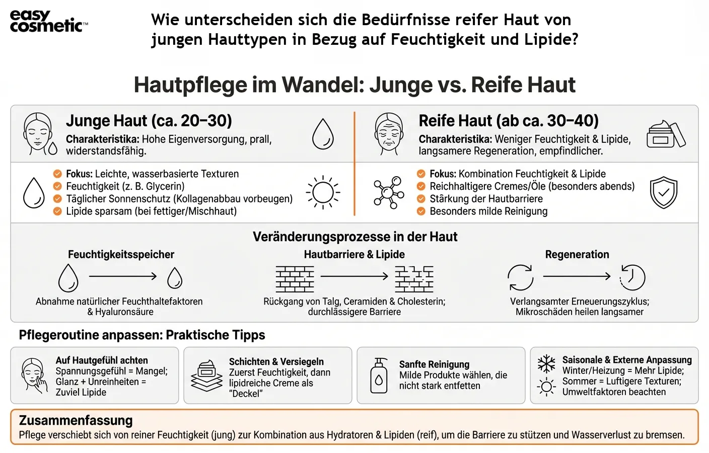 Wie unterscheiden sich die Bedürfnisse reifer Haut von jungen Hauttypen in Bezug auf Feuchtigkeit und Lipide?
