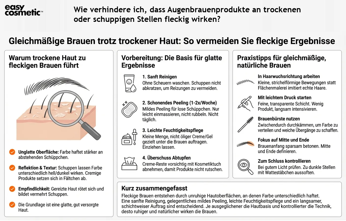 Wie verhindere ich, dass Augenbrauenprodukte an trockenen oder schuppigen Stellen fleckig wirken?