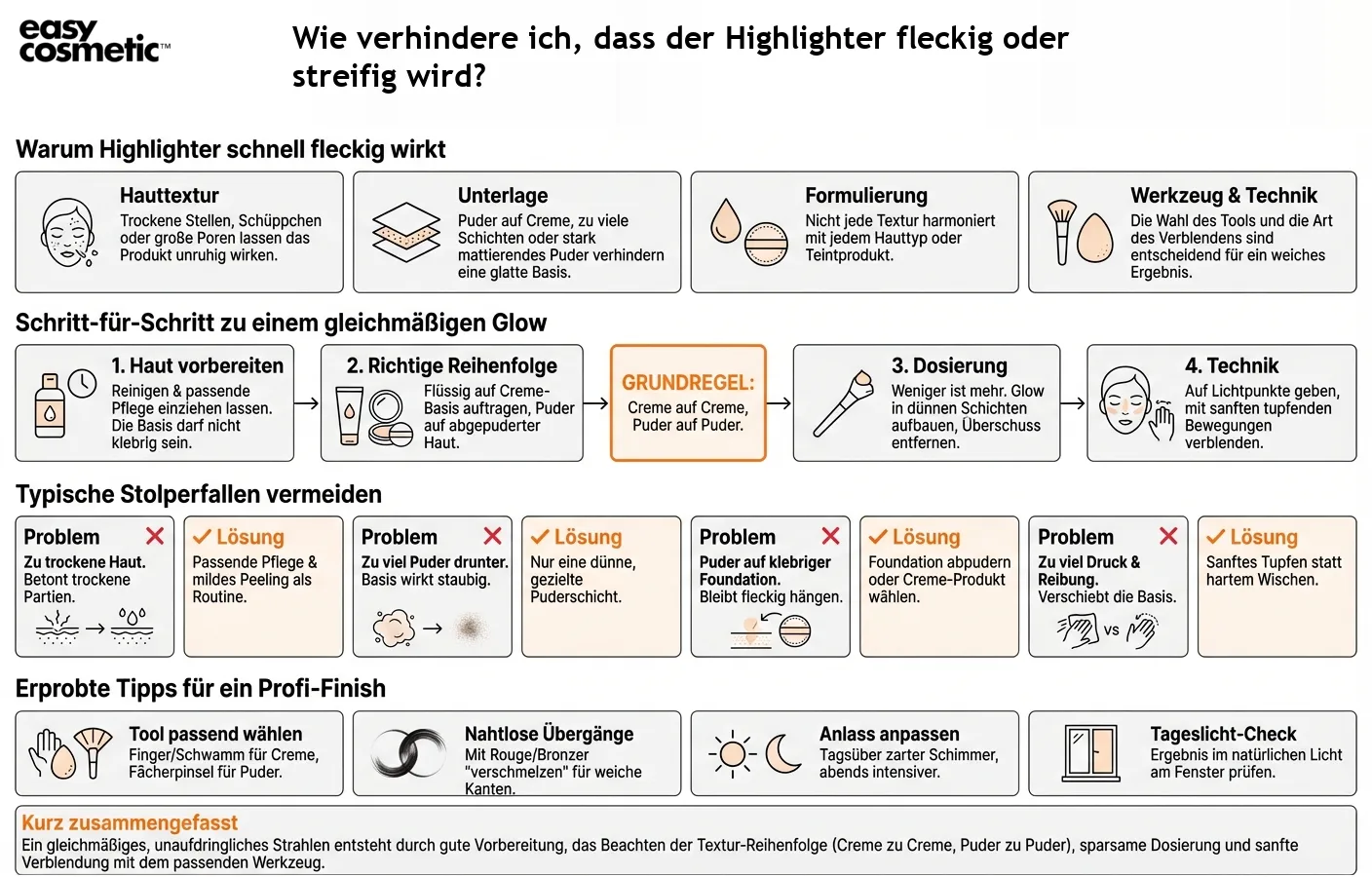 Wie verhindere ich, dass der Highlighter fleckig oder streifig wird?