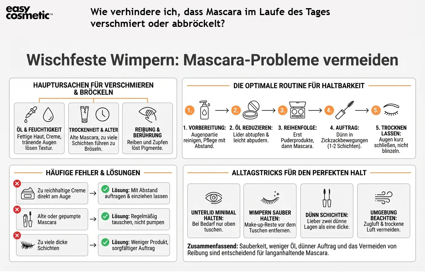 Wie verhindere ich, dass Mascara im Laufe des Tages verschmiert oder abbröckelt?