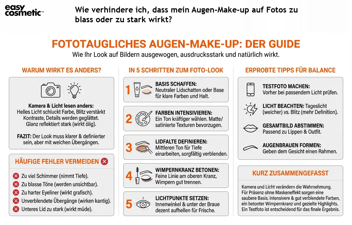 Wie verhindere ich, dass mein Augen-Make-up auf Fotos zu blass oder zu stark wirkt?