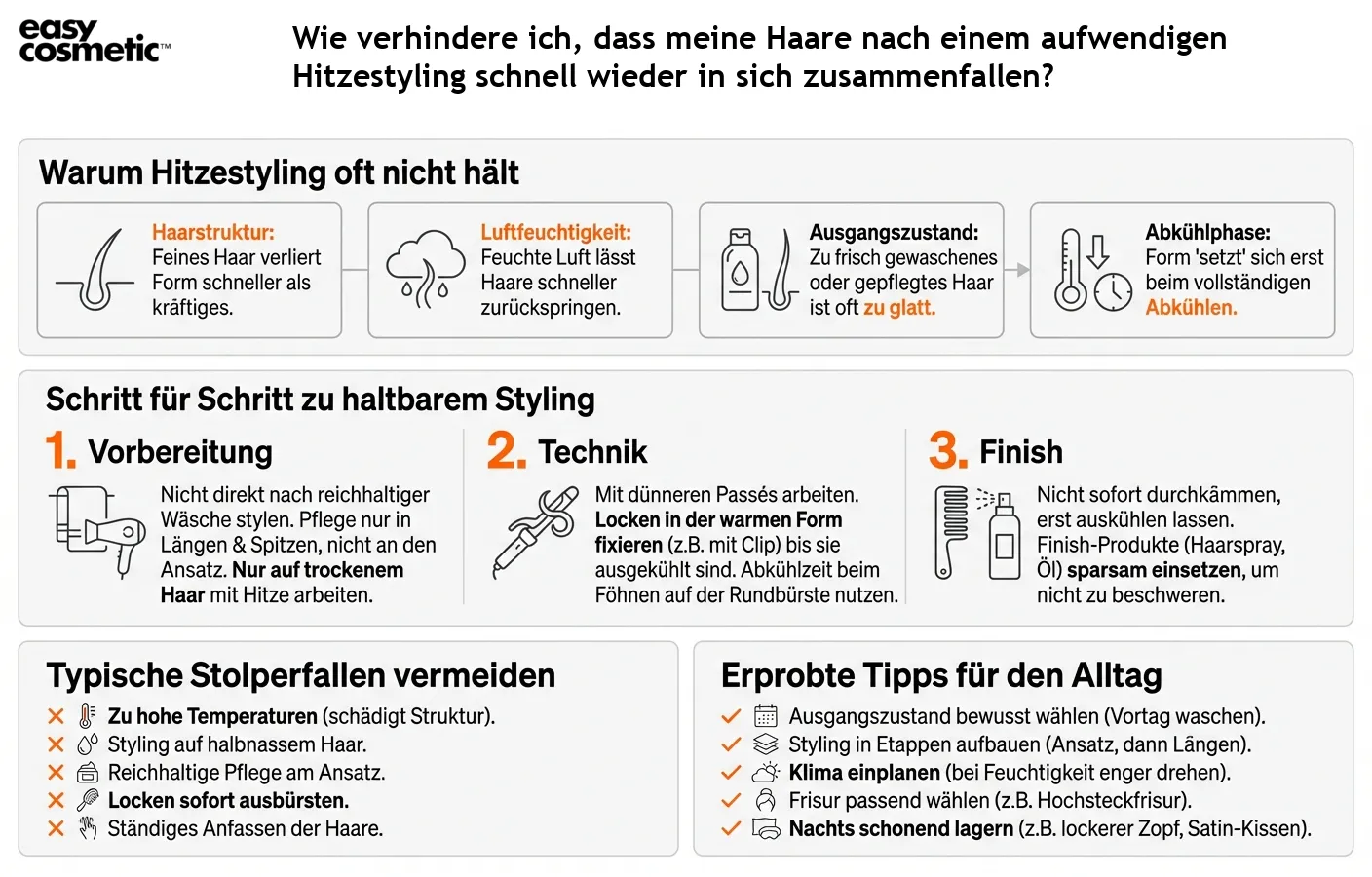 Wie verhindere ich, dass meine Haare nach einem aufwendigen Hitzestyling schnell wieder in sich zusammenfallen?