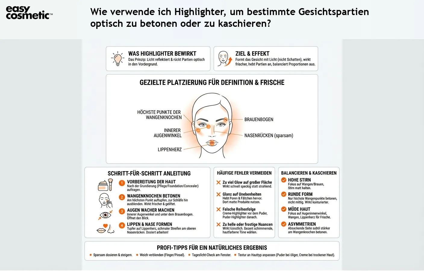 Wie verwende ich Highlighter, um bestimmte Gesichtspartien optisch zu betonen oder zu kaschieren?