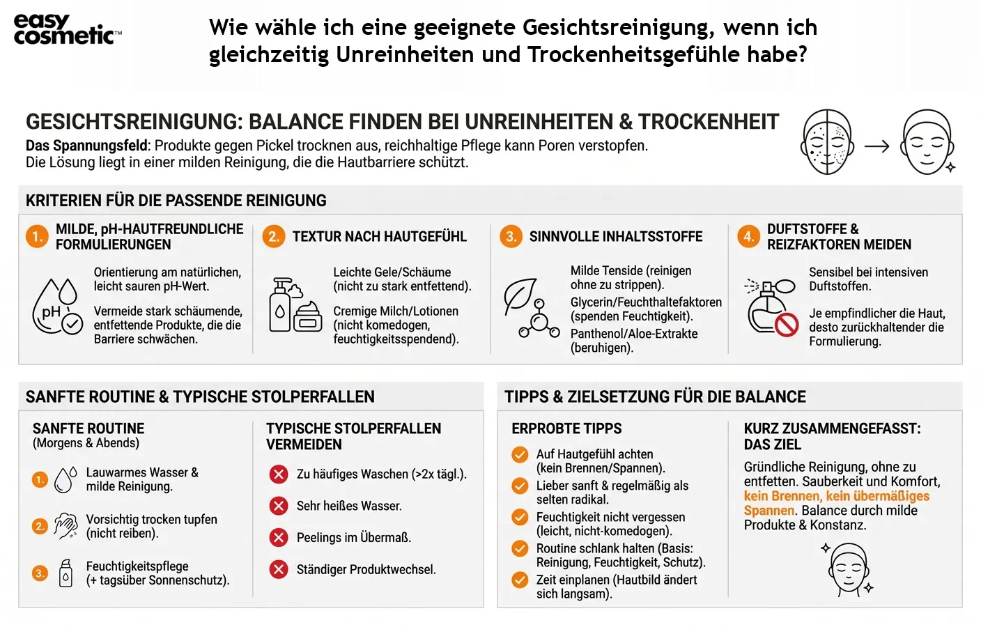 Wie wähle ich eine geeignete Gesichtsreinigung, wenn ich gleichzeitig Unreinheiten und Trockenheitsgefühle habe?