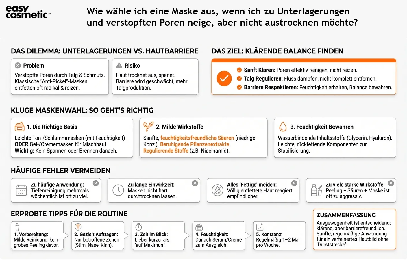 Wie wähle ich eine Maske aus, wenn ich zu Unterlagerungen und verstopften Poren neige, aber nicht austrocknen möchte?