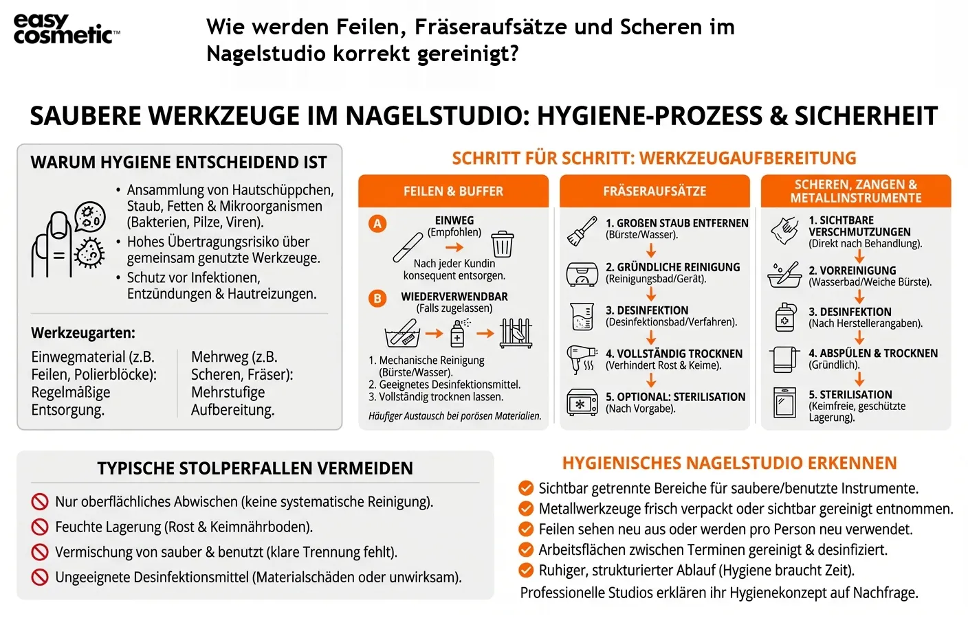 Wie werden Feilen, Fräseraufsätze und Scheren im Nagelstudio korrekt gereinigt?
