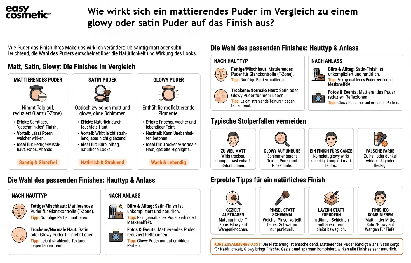 Wie wirkt sich ein mattierendes Puder im Vergleich zu einem glowy oder satin Puder auf das Finish aus?