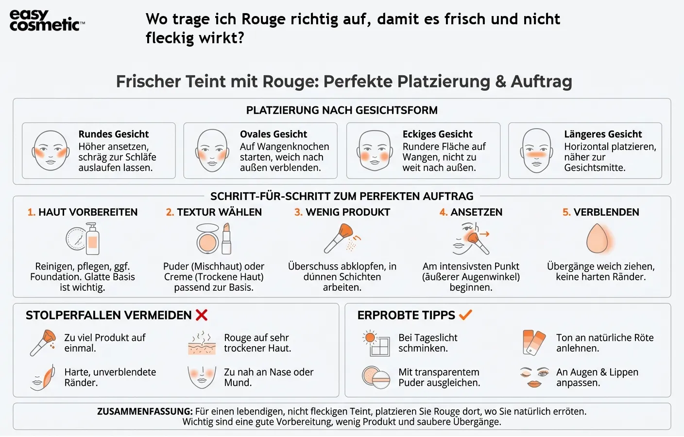 Wo trage ich Rouge richtig auf, damit es frisch und nicht fleckig wirkt?
